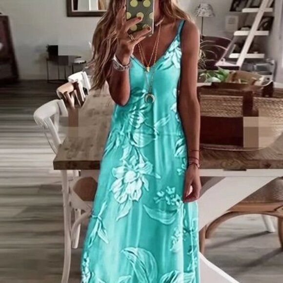 Dresses & Skirts - Floral Print Spaghetti Dress, Casual Crew Neck Ankle Cami Dress Women clothing